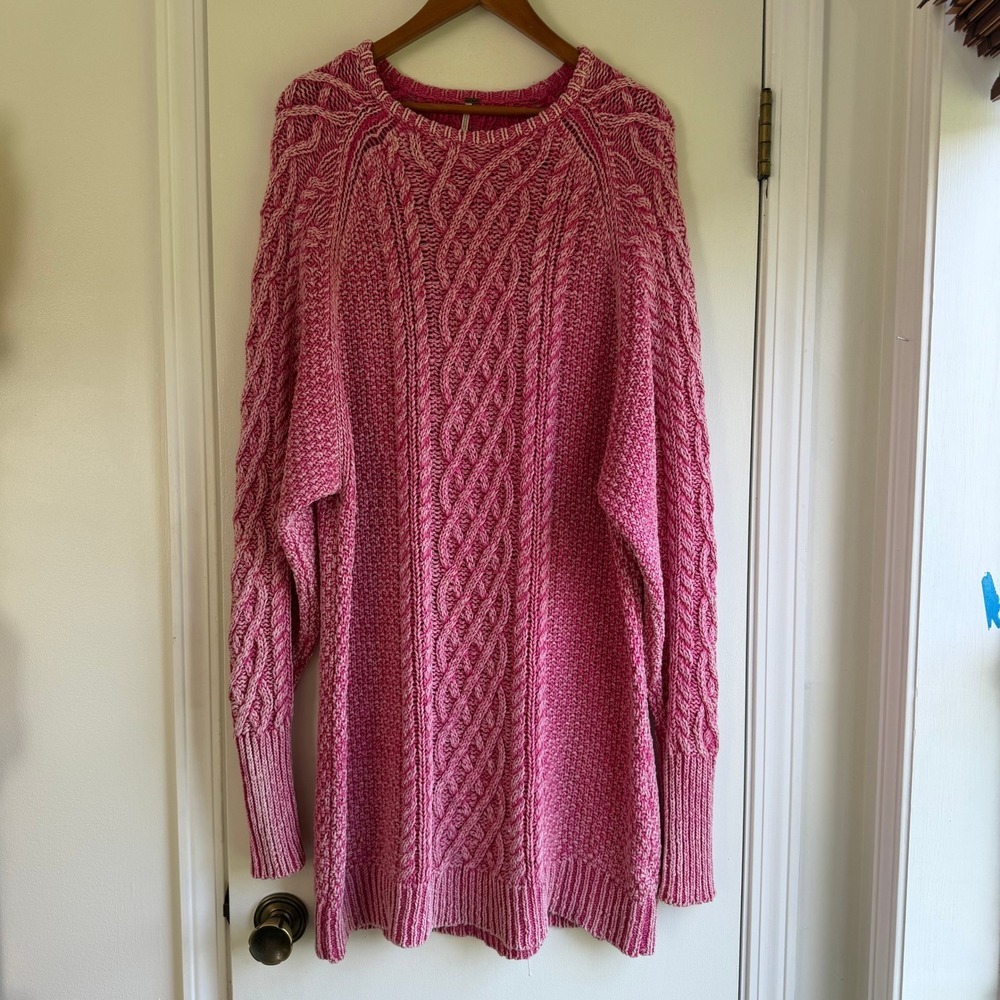 Free People Pink Cable Knit Oversized Sweater Dress Tunic Womens M